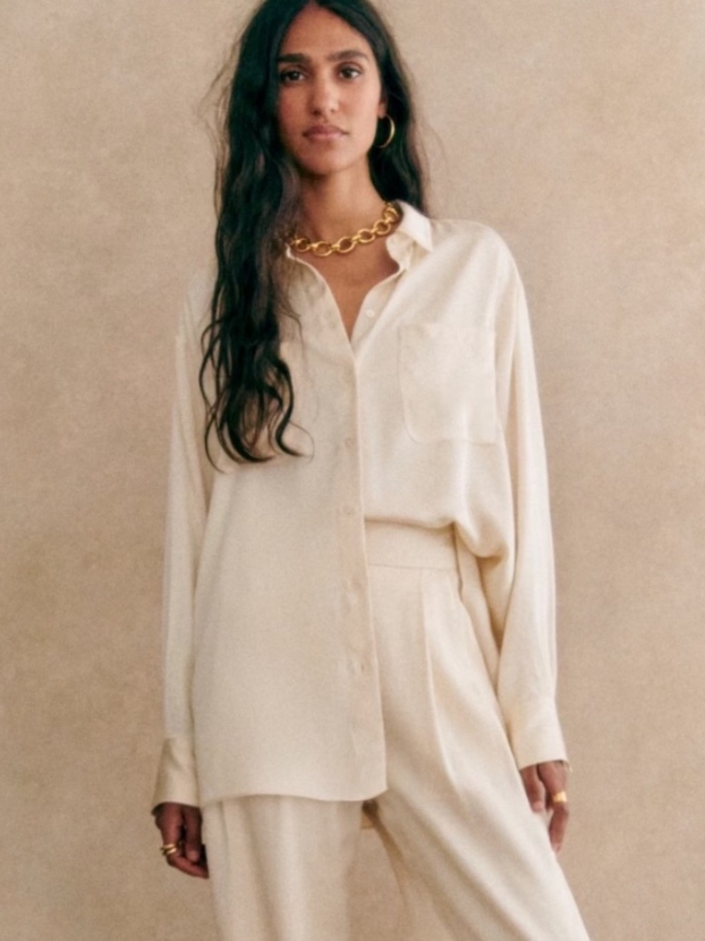 Sezane Maxence Shirt Viscose Satin Button Down Cream Top Vanilla size 34 (2)